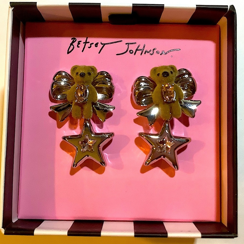 Betsey Johnson Teddy Bear Star Drop Earrings New In Box